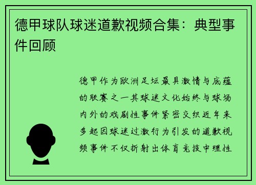德甲球队球迷道歉视频合集：典型事件回顾